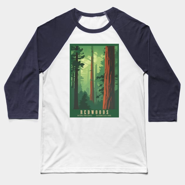 Redwoods Vintage Travel Poster Baseball T-Shirt by GreenMary Design